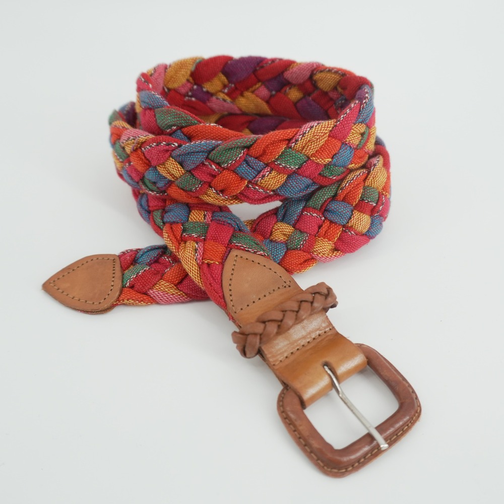 Vintage Braided Woven Belt Womens Large 36" Multi Color Leather Trim Guatemala